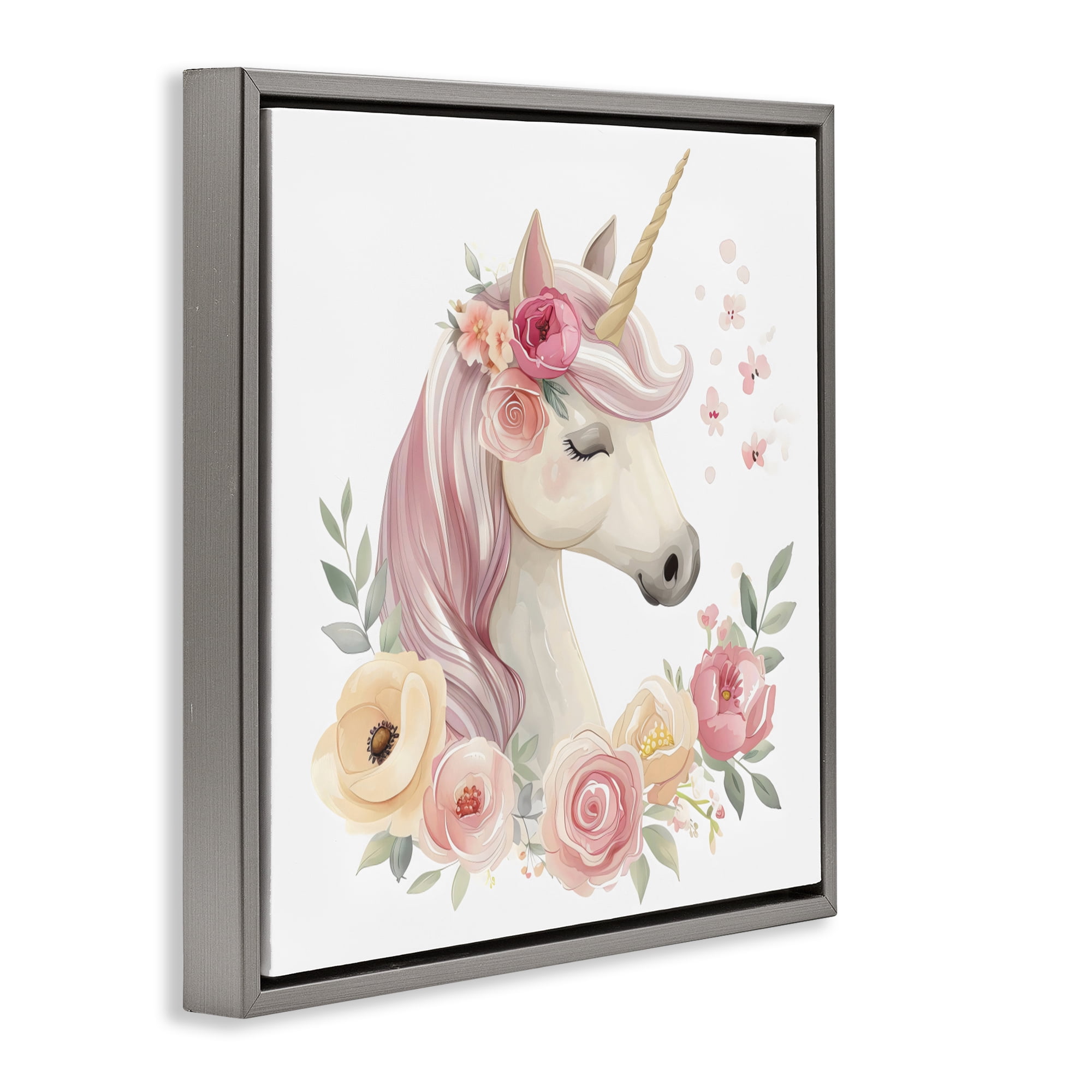 Stupell Industries Unicorn with Floral Wreath Gray Framed Floater Canvas Wall Art, design by Creative Studio