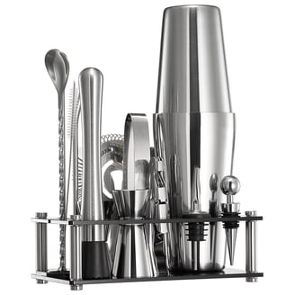 Kit Shaker Cocktail Professionnel Inox - Agitateur Boston + Doseur + Porte-Bouteille Bois - Pour Barman