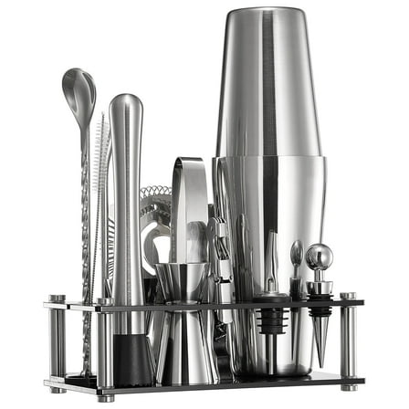KFFKFF 14-Piece Cocktail Shaker Set Stainless Steel Bar Tools with Acrylic Stand with Boston Shaker Cocktail Shaker Set Bartender Kit for Home and Bar