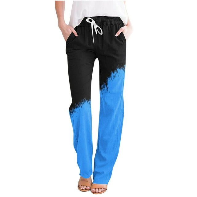 FAIWAD Straight Leg Linen Pants for Women Drawstring High Waist Long Pants Color Block Loose Trousers with Pockets