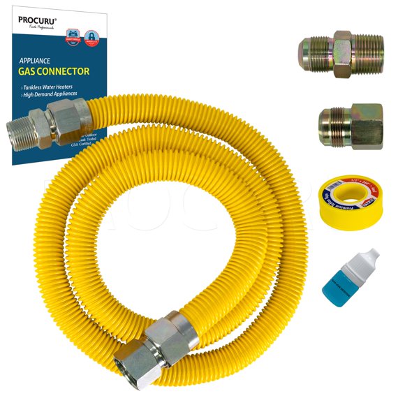 PROCURU Connecteur Flexible Universel 1 Pouces OD x 60 Pouces (5 Pieds) x 3/4 Pouces MIP x 3/4 Pouces FIP, Résistant aux Intempéries, Grande Capacité, Tube en Acier Inoxydable avec Revêtement Jaune pour Chauffe-Eau Sans Réservoir (Série Bleue)
