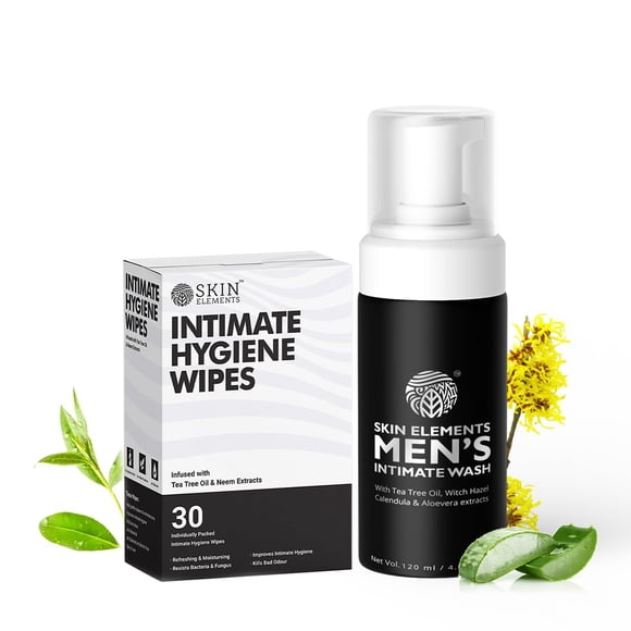 Combo de higiene íntima Skin Elements| Intimate Wash Men 120 ml+Toallitas íntimas 30 sobres individuales con extractos de árbol de té y neem - El lavado espumoso con pH equilibrado previene la irritac