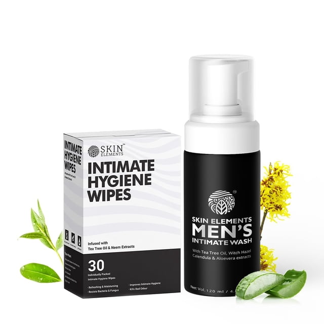 Combo de higiene íntima Skin Elements| Intimate Wash Men 120 ml+Toallitas íntimas 30 sobres individuales con extractos de árbol de té y neem - El lavado espumoso con pH equilibrado previene la irritac