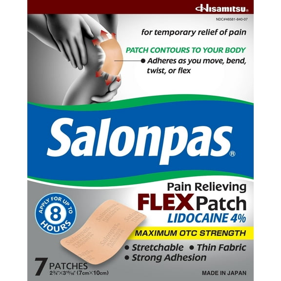 Salonpas Maximum OTC Strength Lidocaine 4% Pain Relieving FLEX Patch, Apply for Up To 8 Hours, Unscented, Thin, Flexible, Lightweight, Patch Stays in Place, 7 Patches