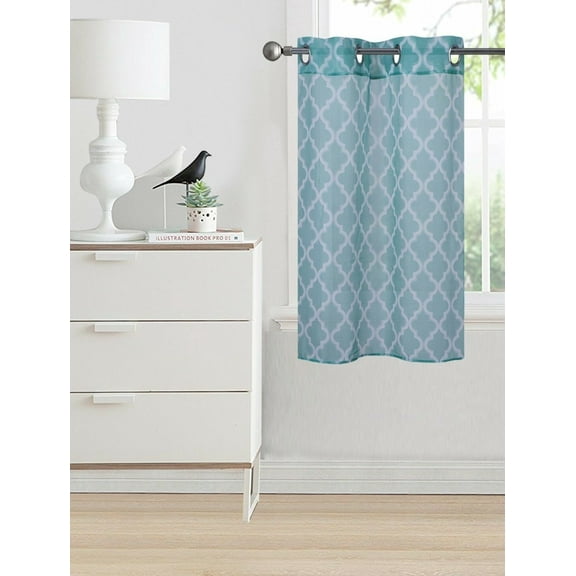 1PC S38 PANEL CURTAIN SHEER GEOMETRIC GROMMET PANEL TEAL /WHITE SEE THRU WINDOW PANEL KITCHEN, BATHROOM, RESTAURANT SIZE 30" WIDE X 36" LENGTH