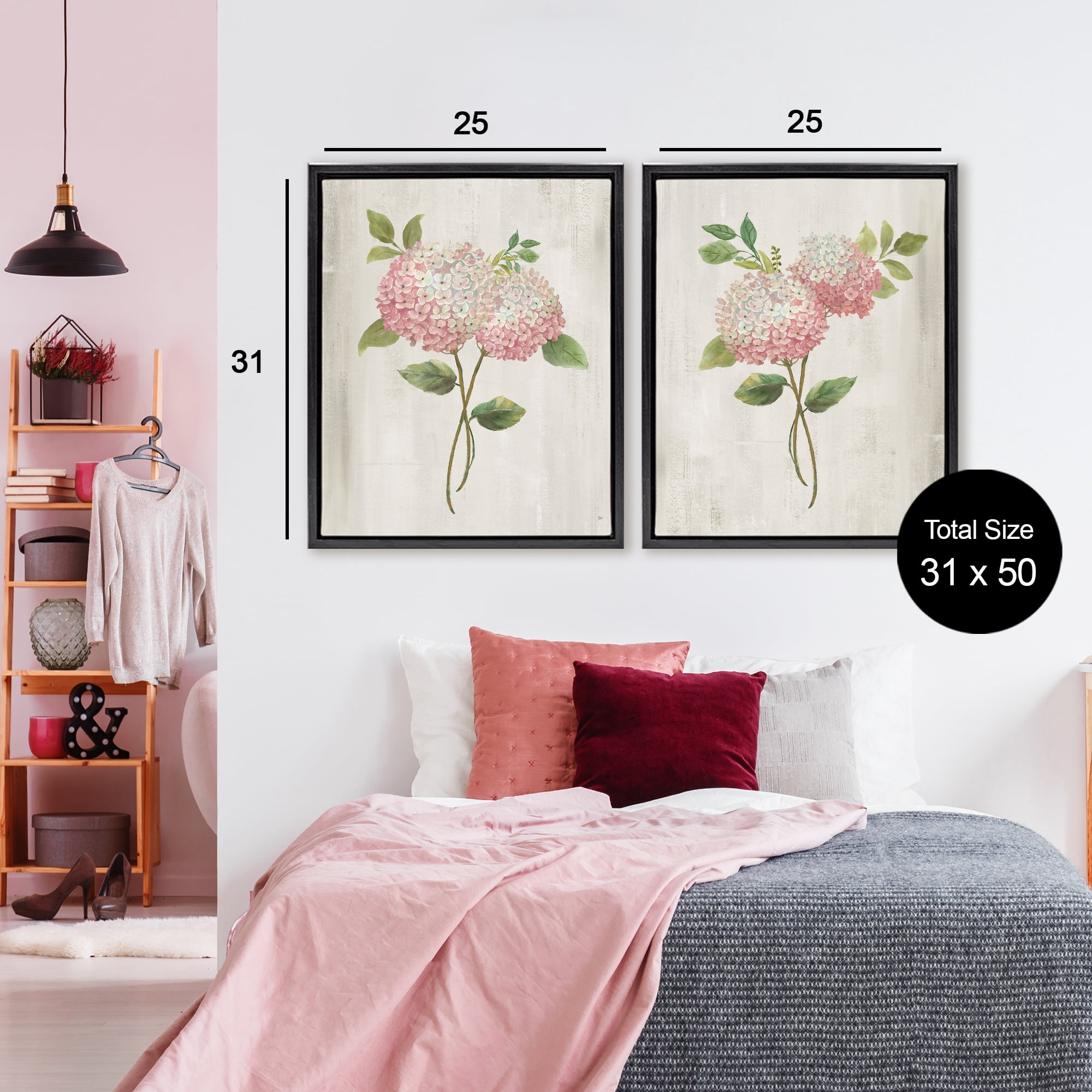 Stupell Industries Vintage Pink Hydrangea Pairs 2 Piece Black Framed Floater Canvas Set, design by Nan