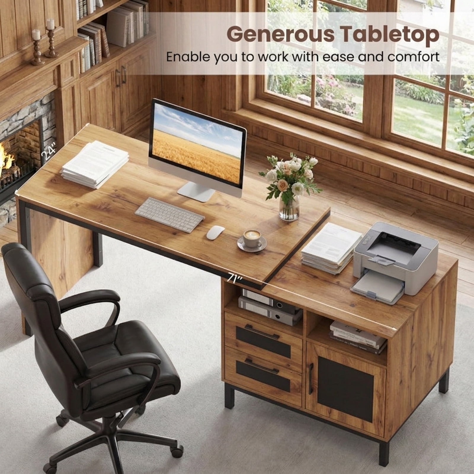 Furnibear Computer Desk 71 Inch Computer Table with Open Compartments and Drawers, Natural