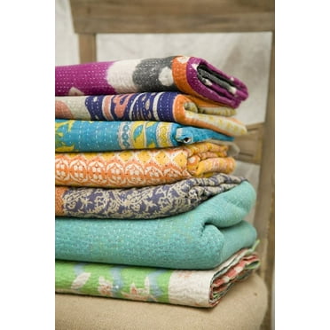Handmade Cotton Vintage Kantha Quilt Bohemian Reversible Indian Sari Kantha Throw - Set of 1