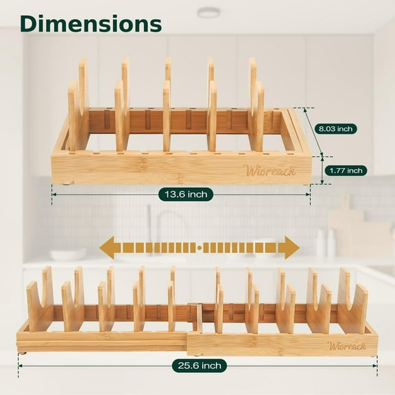 Bamboo Pot Lid Organizer, Adjustable Kitchen Storage Rack for Lids, Bakeware & Cutting Boards
