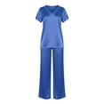 thumbnail image 6 of Silk Pajamas for Women 2 Piece Satin Pjs Cap Short Sleeve Sleepwear V Neck Shirt Long Pant Lounge Sets Blue L(L), 6 of 6