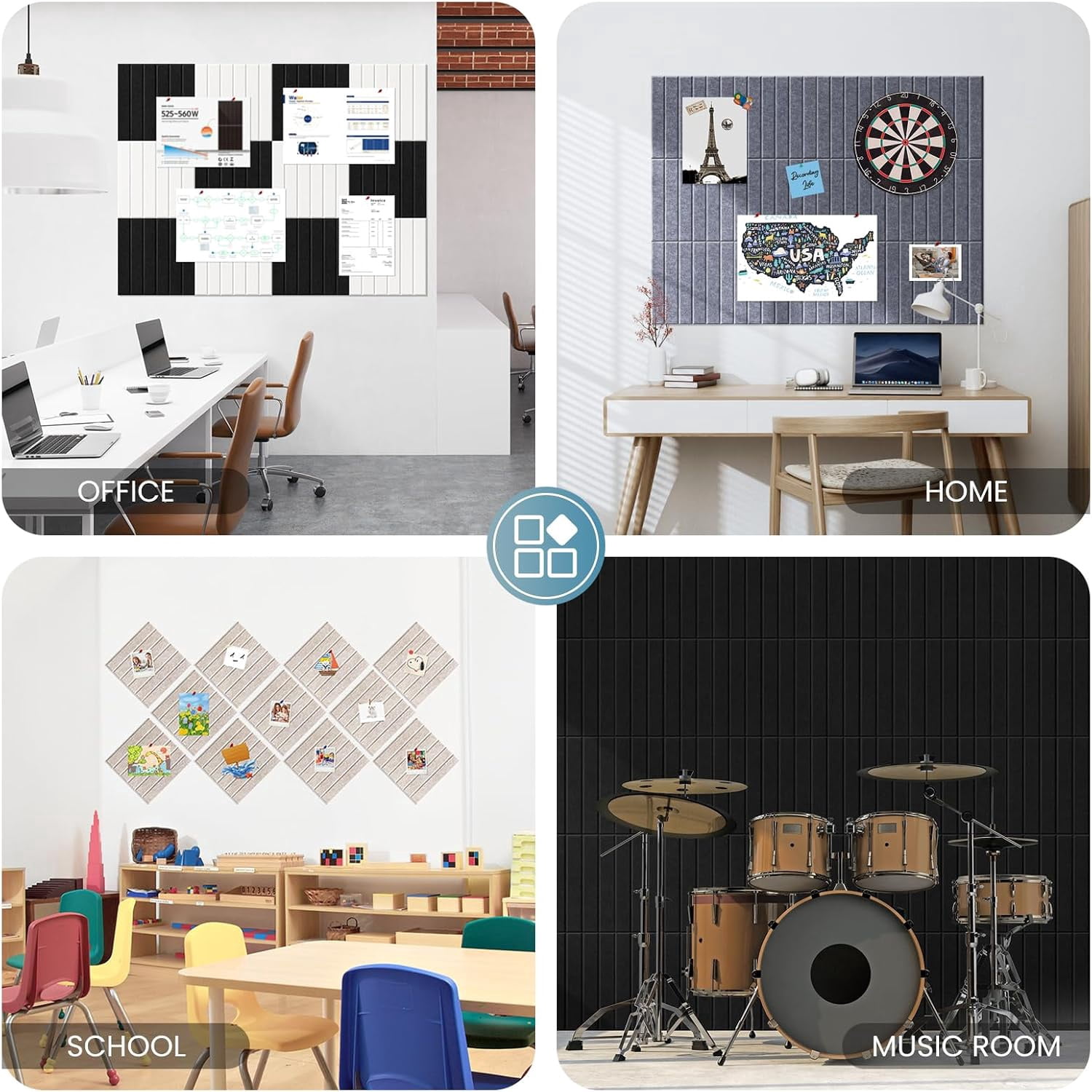 Large Cork Bulletin Board for Wall 36"x24", 6 Pack Felt Slat Wall Panel Tiles with 30 Pushpins, 25 Safe Removable Adhesive Tabs, Decorative Pin Board Tack Board for Office Home School, Deep Gray