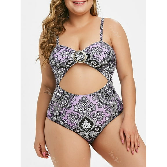 Rosegal Plus Size 1950s Paisley Print Ring Cutout One-piece Swimsuit