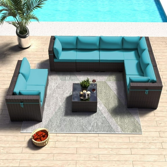 ASJMR 9 Pieces Outdoor Patio Furniture Set All-Weather Rattan Wicker Conversation Outside Sectional Sofa Chair Sets with Coffee Table and Green Cushions