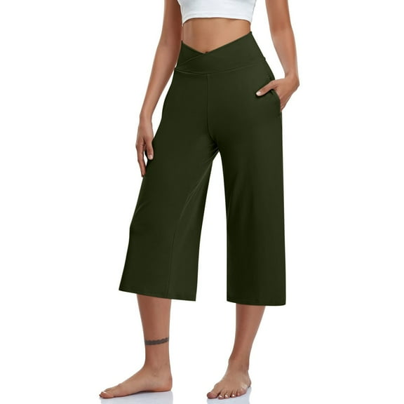 GXIPO Capri Pants for Women High Waist Workout Yoga Pants with Pockets Tummy Control Leggings Crop Straight Pant Army Green 2XL