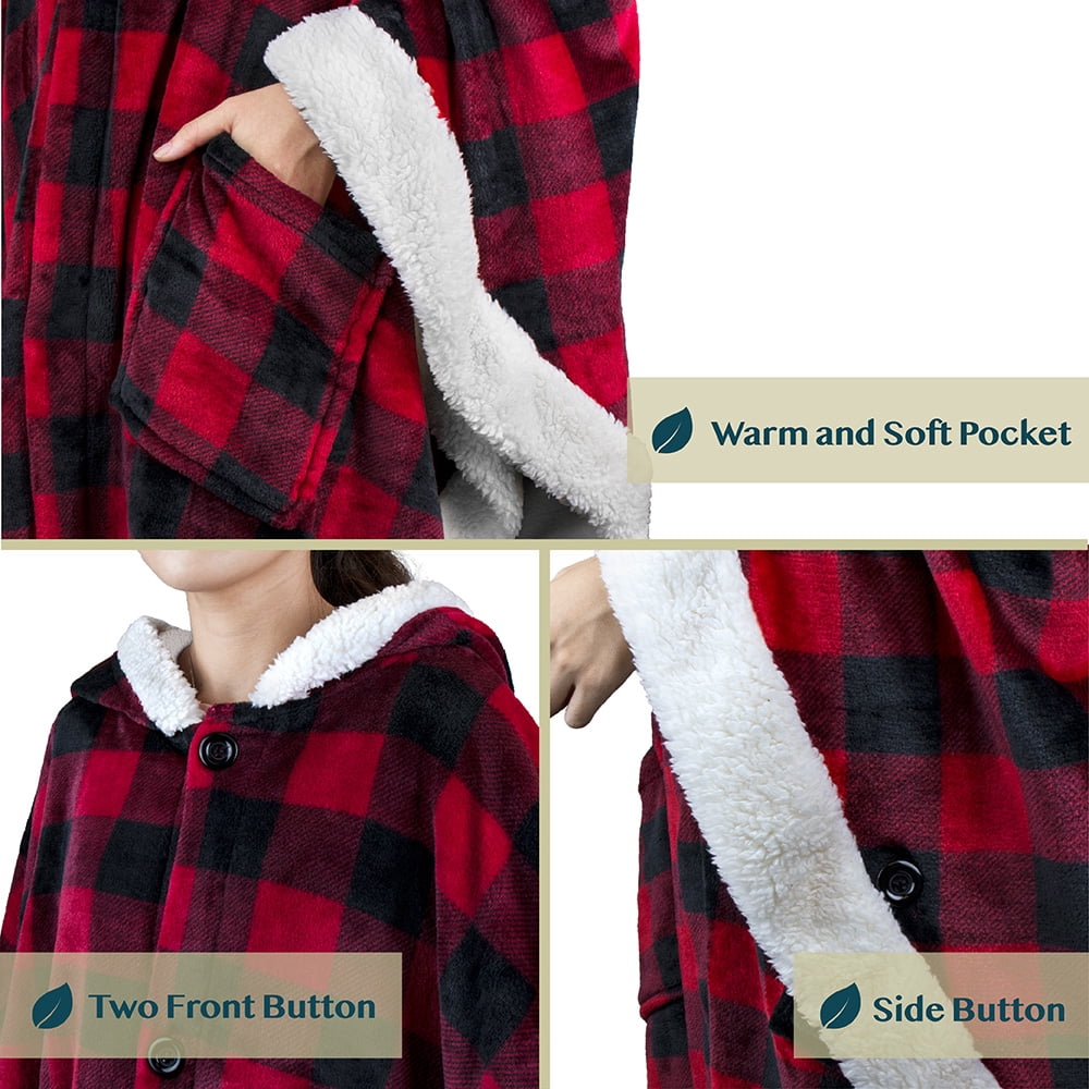 PAVILIA Sherpa Fleece Wearable Blanket for Adult Women, Cozy Plush Blanket Poncho Cape with Hood, Super Soft Shawl, Angel Wrap Throw for Office, Black and Red Buffalo Plaid Checkered