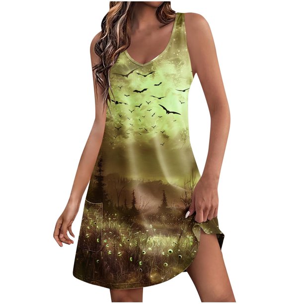 Vestido de Verano para las Mujeres Impresión de la Moda Bolsillo sin Mangas Cuello en V, Vestido Casual para la Playa Y Diario