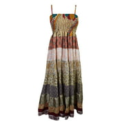 Mogul Womens Casual Boho Strappy Dress Ethnic Print Patchwork Vintage Maxi Dresses