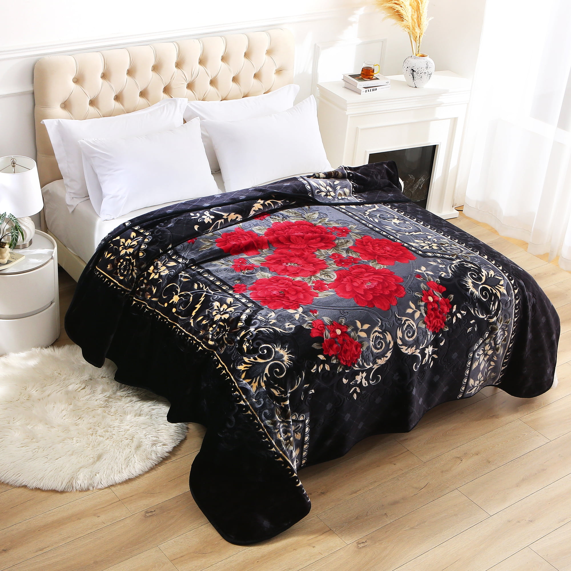Heavy Thick Fleece Blanket King Size, 9lbs,1 Ply Silky Soft Warm Flower Embossed Raschel Winter Blanket, Minky Soft Plush Blanket for Sofa Bed, 85"x95", Black & Burgundy Floral
