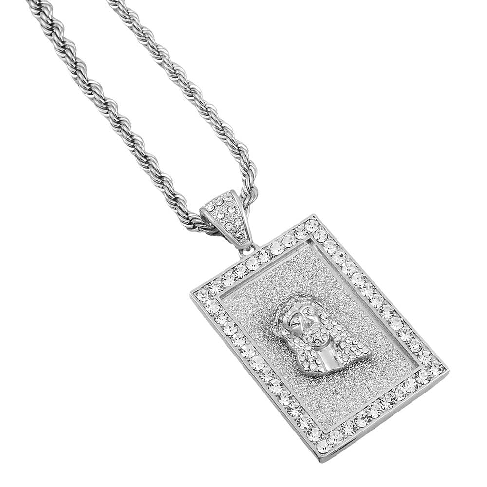 White Gold-Tone Hip Hop Bling Simulated Crystal Majestic Lion Pendant with 16 Tennis Chain and 24 Rope Chain