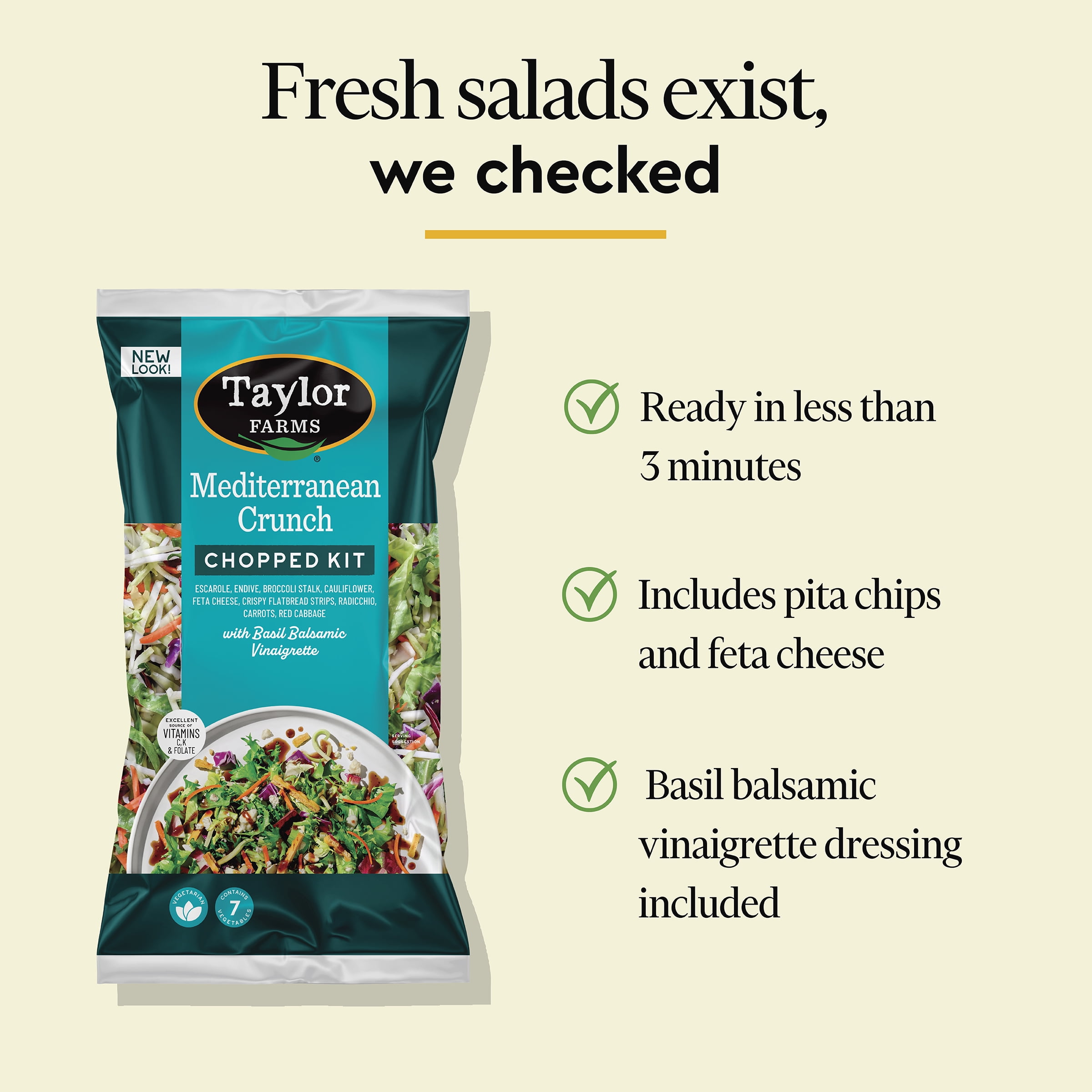 Taylor Farms Mediterranean Crunch Chopped Salad Kit, 10.89 oz Bag, Fresh, Vegetarian, Soybean Free