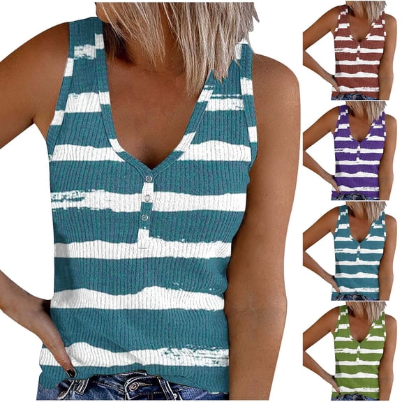 USSUMA Summer Tops for Women 2025 Women's Tank Tops Sleeveless V Neck Casual Printed Elastic Button Leisure Tee Loose Blouse Trekking Blue Polyester Tank Top for Women S