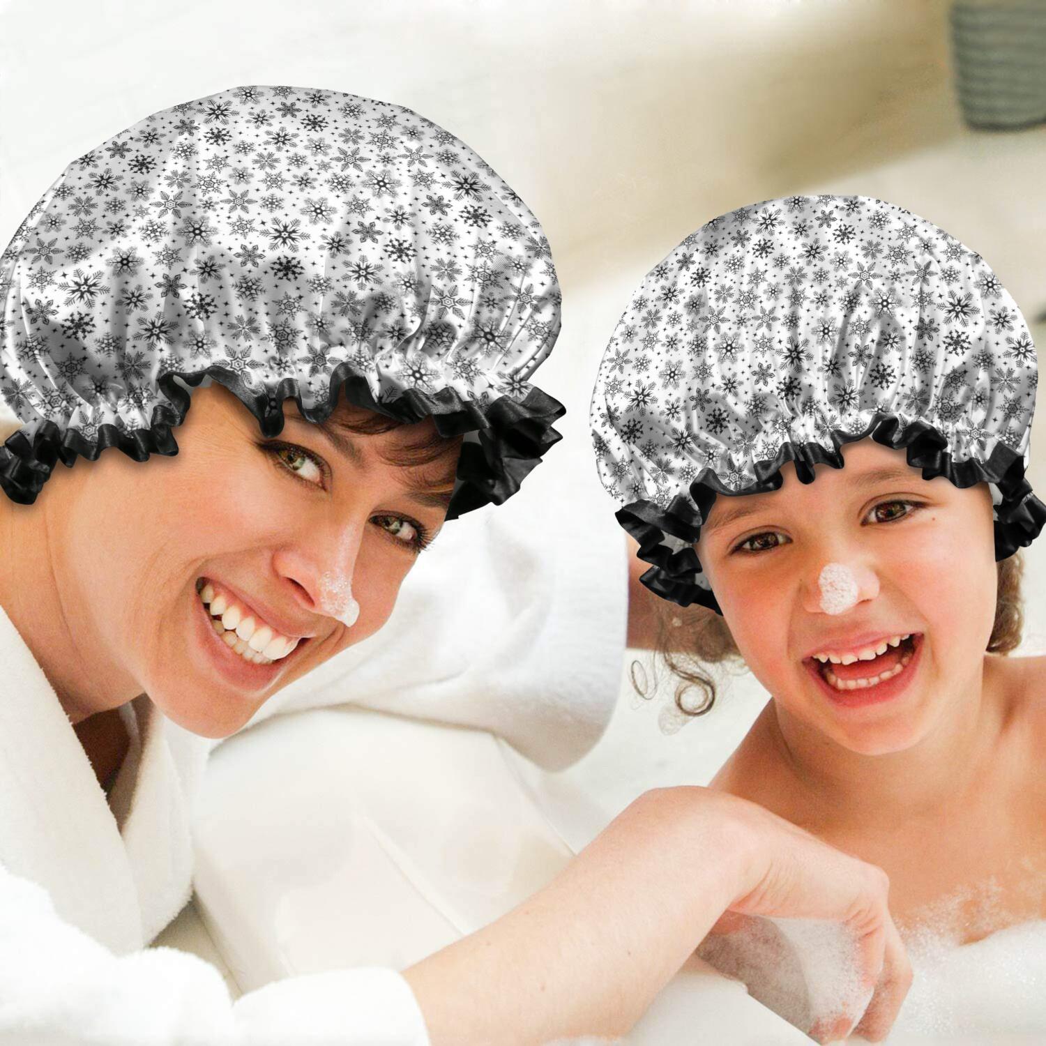 Shower Caps,Black and White Christmas Snowflake Pattern Waterproof Shower Cap for Women 4 Pieces,Double Reusable Hair Cover for Shower PEVA Elastic Stretch Hem