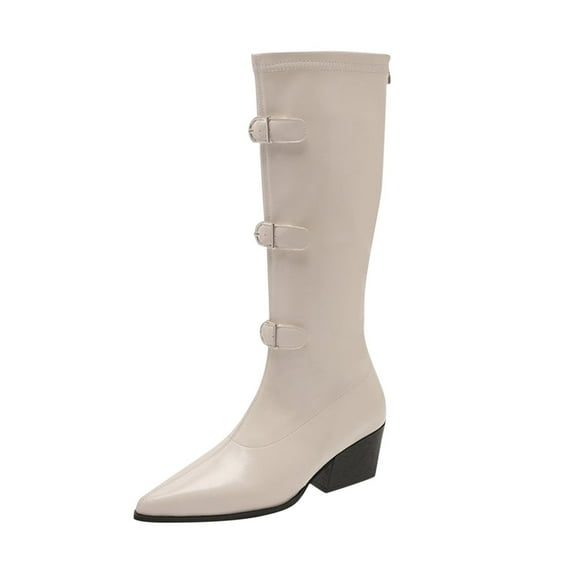 Women's Faux Leather Knee High Flat Slouch Boots Knee High Boots Pointed Toe Chunky Mid Heel Western Cowboy Boots for Women Wide Calf Riding Boot