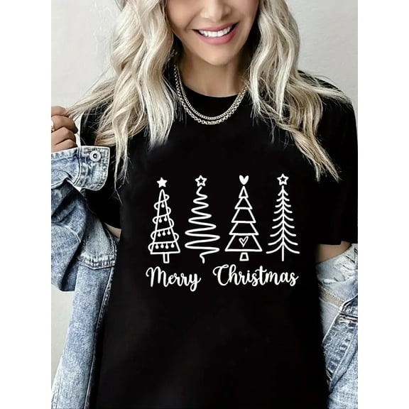 Merry Christmas Tshirt Christmas Trees and Reindeer Print Short Sleeve Shirt for Women