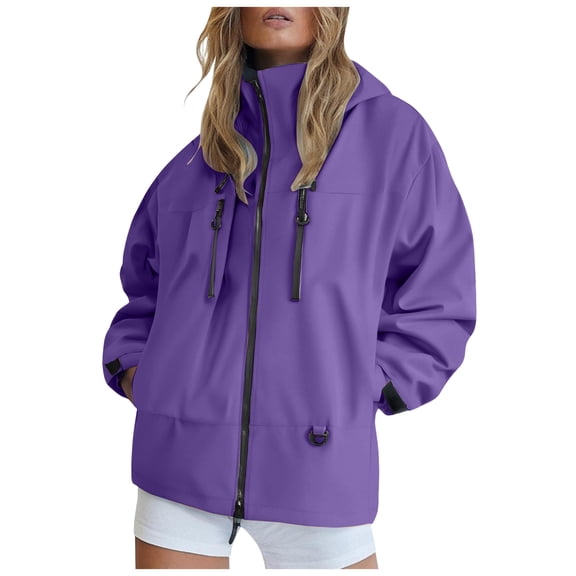 UngA Womens Jackets Casual Women's Waterproof Long Rain Coats Packable Rain Jacket with Hood Trench Coats Windbreaker Purple,L
