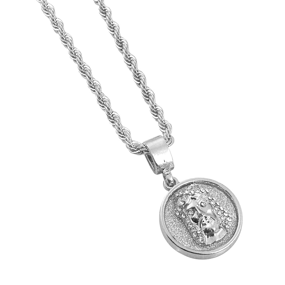 14K White Gold Plated Hip Hop Bling Stardust Jesus Christ Head Medallion 3mm 24&quot; Solid Rope Chain
