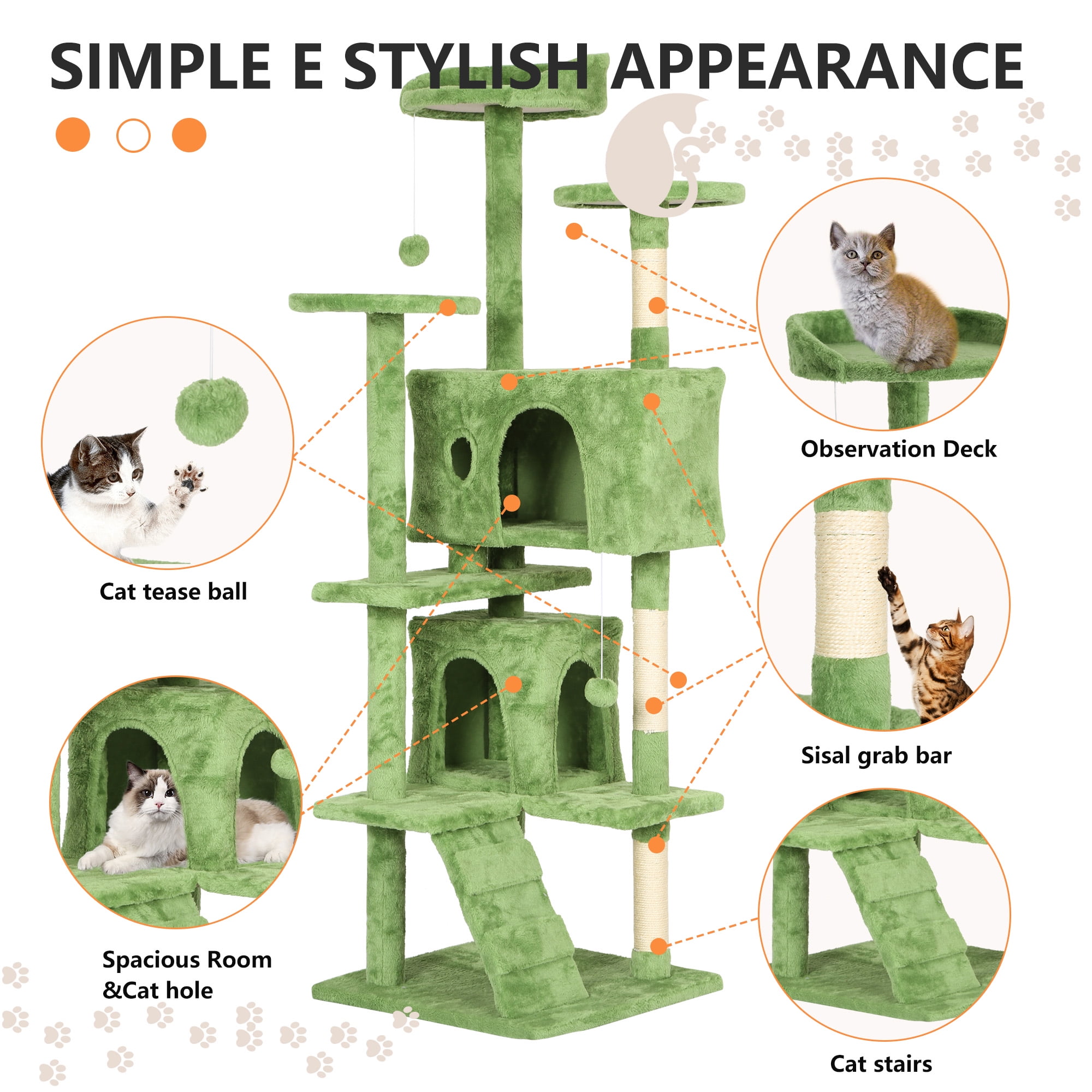 CL.HPAHKL Modern Cat Tree Tower with Dual Condos, 70 Inches Cat Tower with Sisal-Covered Scratching Post Multi-Level Tall Cat Condos with Hanging Toy, Green