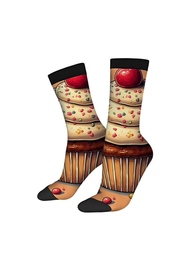 Four Seasons Universal Socks (2 Pairs) - Unisex Trendy Socks with Vibrant Cupcake Design Colorful Sprinkles on Warm Orange - Brown Background Perfect for All Seasons