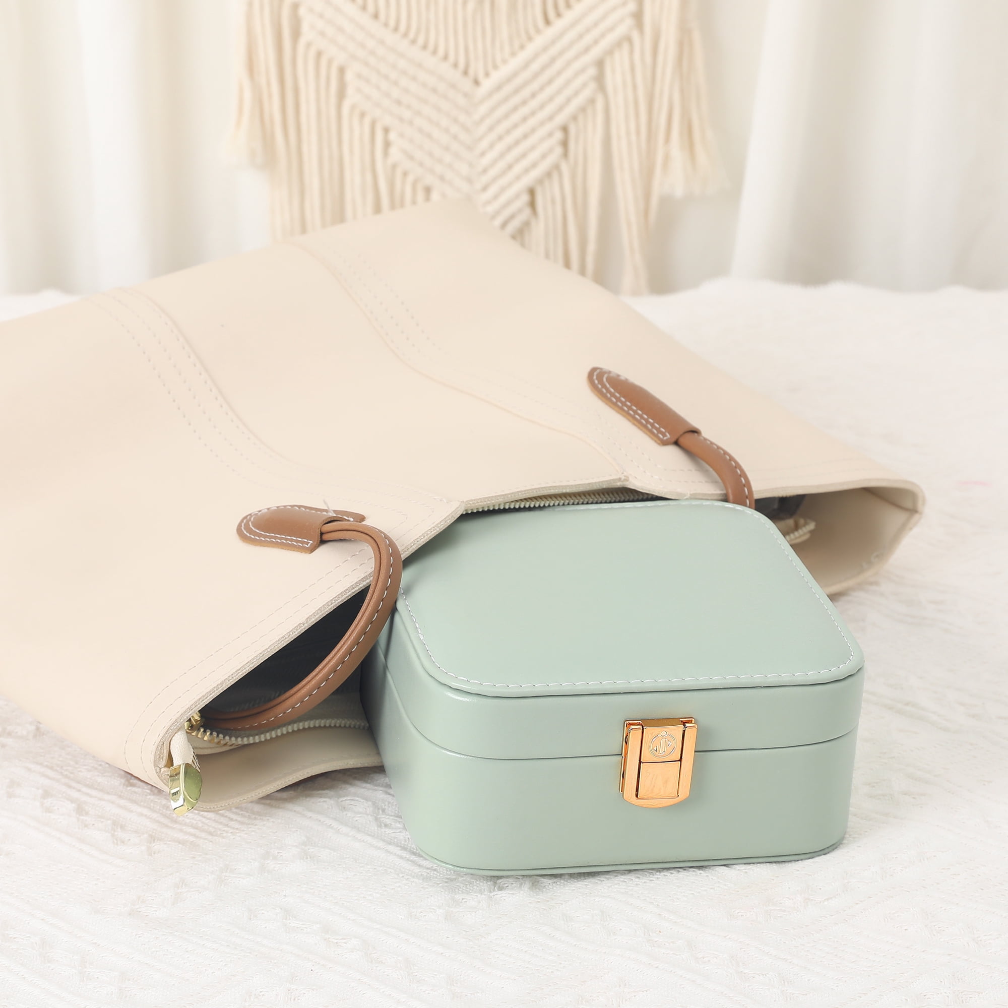 Unique Bargains PU Leather Jewelry Box Jewelry Organizer with Mirror Green