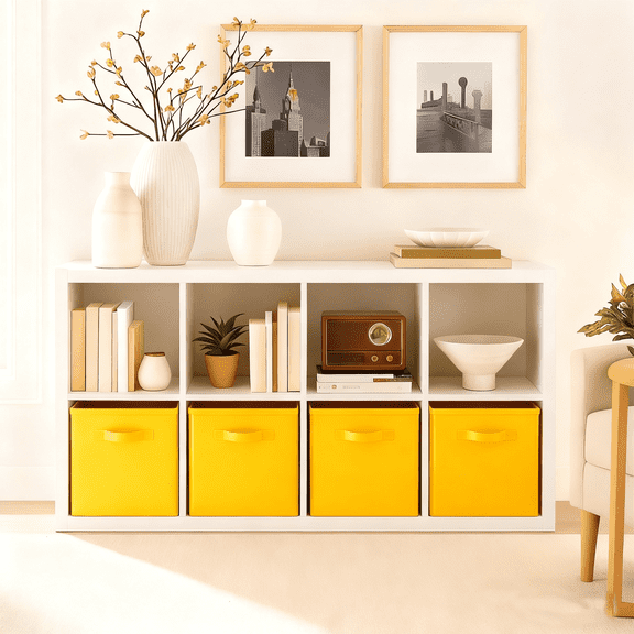 PinkSheep Collapsible Fabric Cube Storage Bins, 11" Cube Organizer Basket Bin, Yellow, 2 Pack