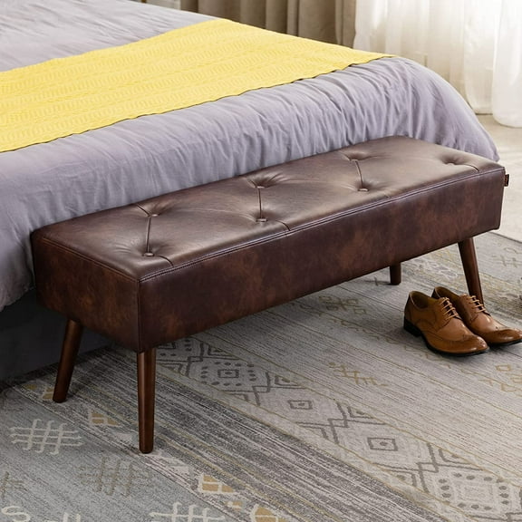 Falvinoryn Modern Upholstered Bedroom Bench, Faux Leather End of Bed Bench with Metal Legs for Living Room, Entryway, Dining Room, Dark Brown