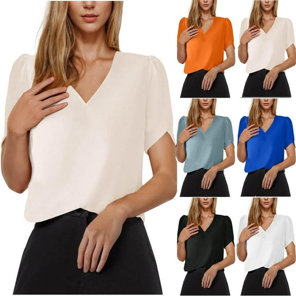 Olyvenn Women's Summer Dressy Casual Puff Short Sleeve Shirts Crewneck Silk Satin Business Office Work Blouse Tops Beige M