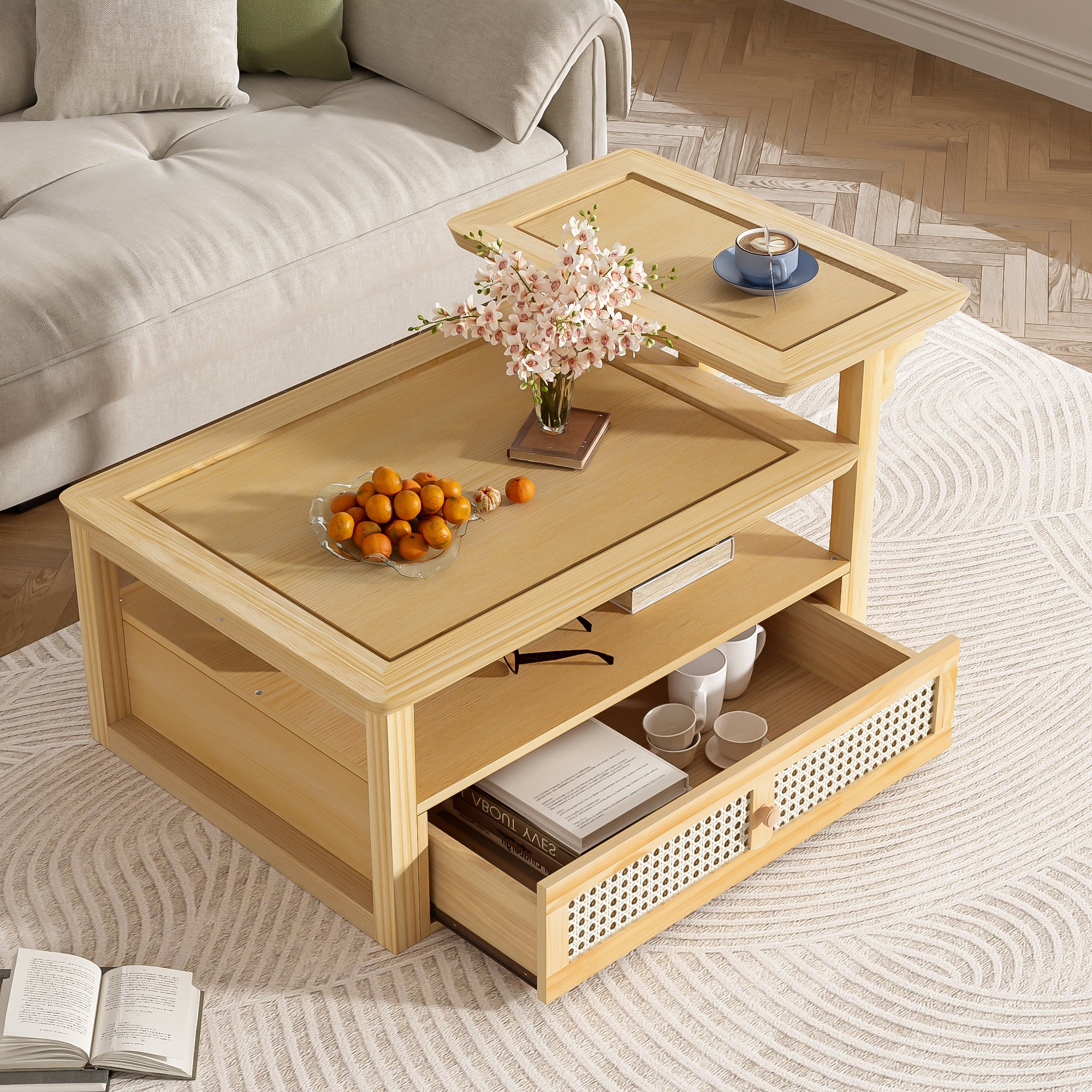 Euroco Multifunctional Coffee Table Set with Nested Design, Rattan Drawer, Pine Wood Legs – Stylish Storage and Dual Tabletops for Living Room