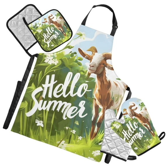 Hello Summer Goat 5 Pcs Kitchen Set Heat Resistant Oven Mitts and Non-Slip Pot Holders with Adjustable Cooking Apron