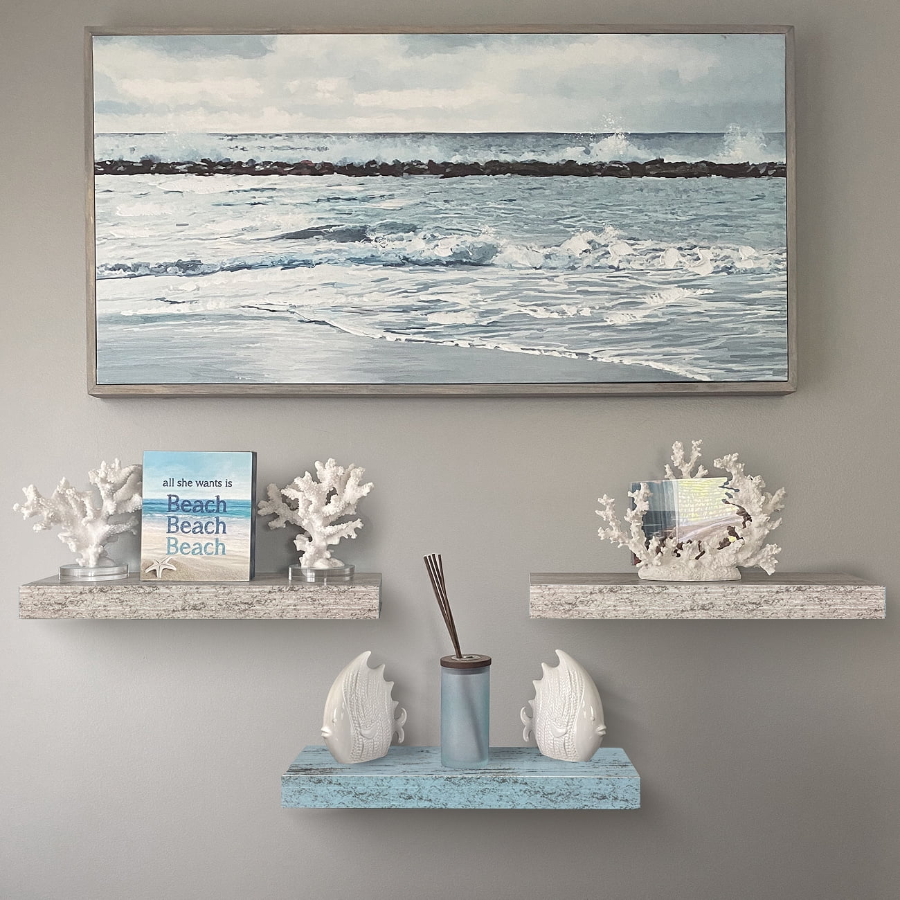 Sorbus 16.25" Blue White Rustic Floating Shelves (Set of 3) – Wall Storage for Décor, Frames, Trophies