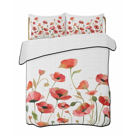 Quilts Full Size Bedding Set, Red Poppy Lightweight Quilted Comforter, Spring Summer Flowers Botanical Watercolor Soft Reversible Bedspread Coverlet with Pillow Covers for All Season, 78" x 90"