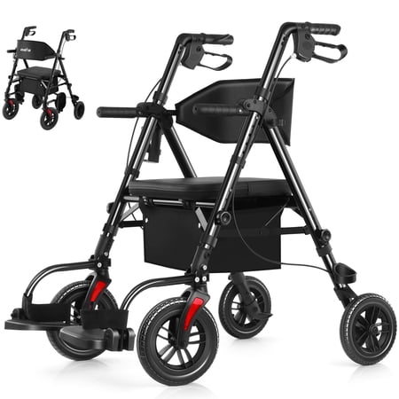 Walkers for Seniors, 2 in 1 Rollator Wheelchairs Combo 10" Big Wheels Walker with Seat, Rollator Transport Chair with Brakes Folding Rolling Walker for Adults, Black