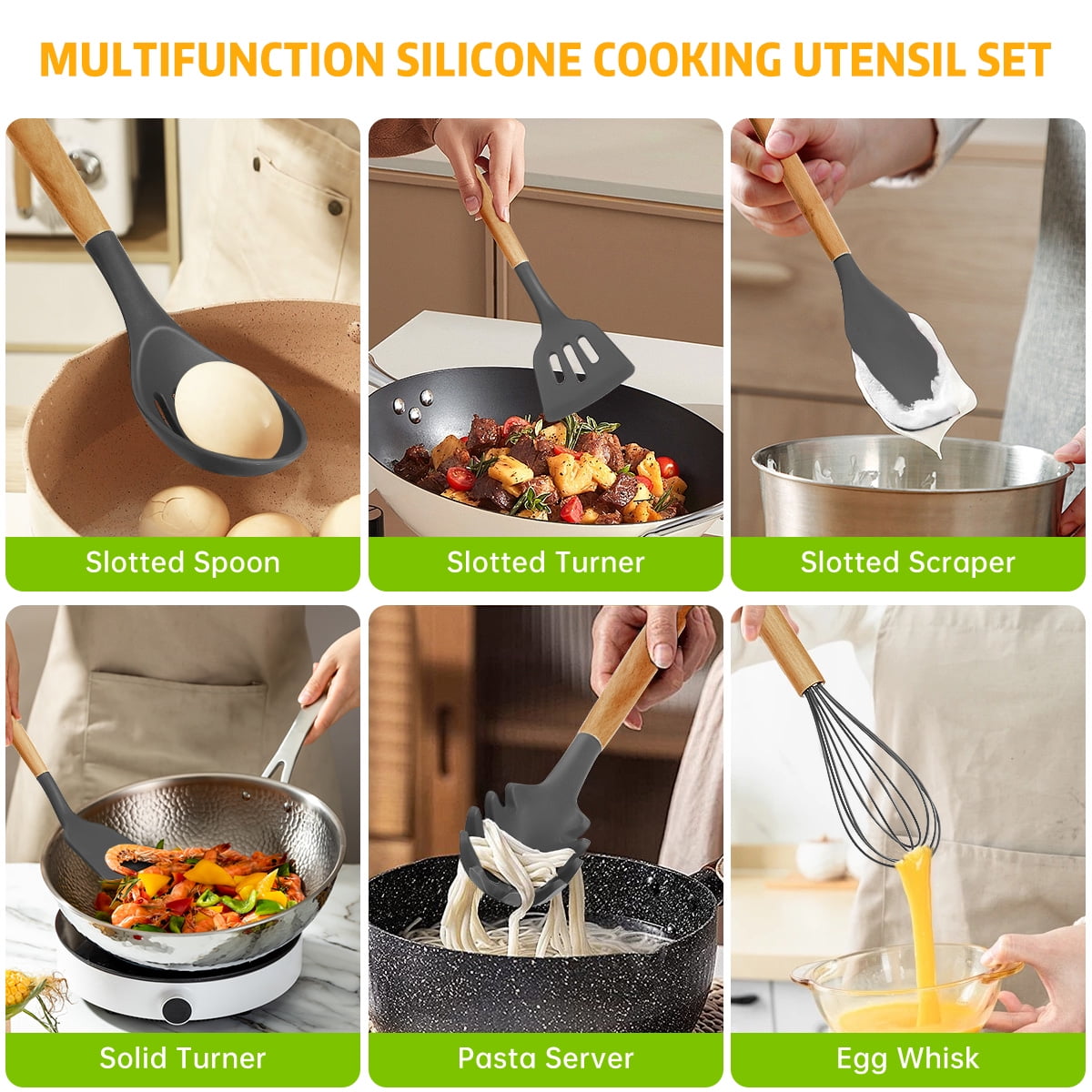 GPED 29 Pcs Silicone Kitchen Utensil Set, Cooking Utensils Set with Wooden Handle, Food Grade Silicone Spatula Set, BPA-Free, 446°F Heat Resistant Kitchen Gadgets Tools Set, Gray