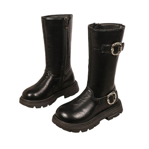 Girls Long Riding Boots Vintage Buckle Leather Platform Lug Sole Casual Dress Knee High Zipper Winter Booties Black 11.5 Little Kids