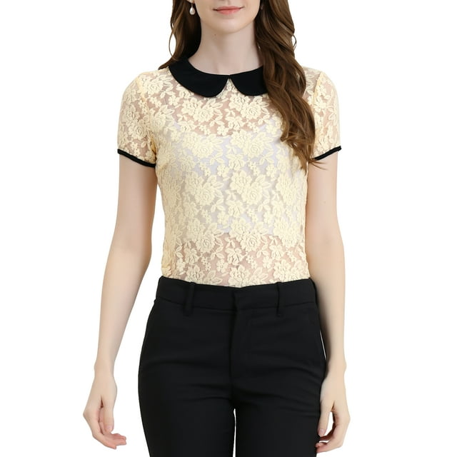 Unique Bargains Blouse en Dentelle à Col Contrastant Transparent pour Femmes