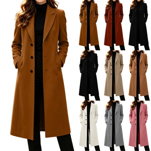 Women's Solid Turn Down Collar Long Overcoat Long Sleeve Casual Lapel Long Length Trench Coat Elegant Loose Fit Winter Outerwear Jacket for Daily Wear White