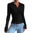 thumbnail image 2 of Camiseta informal ajustada de Color sólido para mujer, rebeca con botones de solapa, camisetas de manga larga con aberturas, Tops de otoño, ropa de calle de Color sólido, 2 of 5
