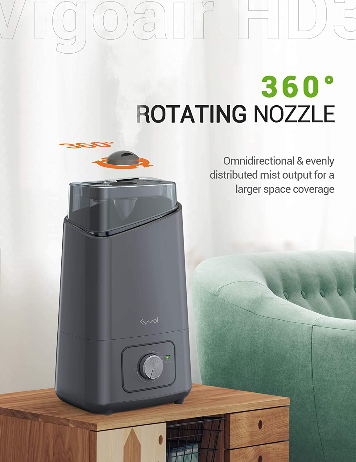 Baby 360/° Nozzle up to75 Hours Runtime 26dB Quiet Ultrasonic Humidifiers for Large Bedroom BPA-Free Ideal for Plants Office Kyvol Vigoair HD3 Humidifier Home Auto Shut-off 4.5L Cool Mist Humidifiers