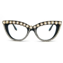 REAVEE 1pc Flower Rhinestone Cat Eye Fake Glasses Non-Prescription Women Vintage Thick Frame Glasses Diamond Eyewear