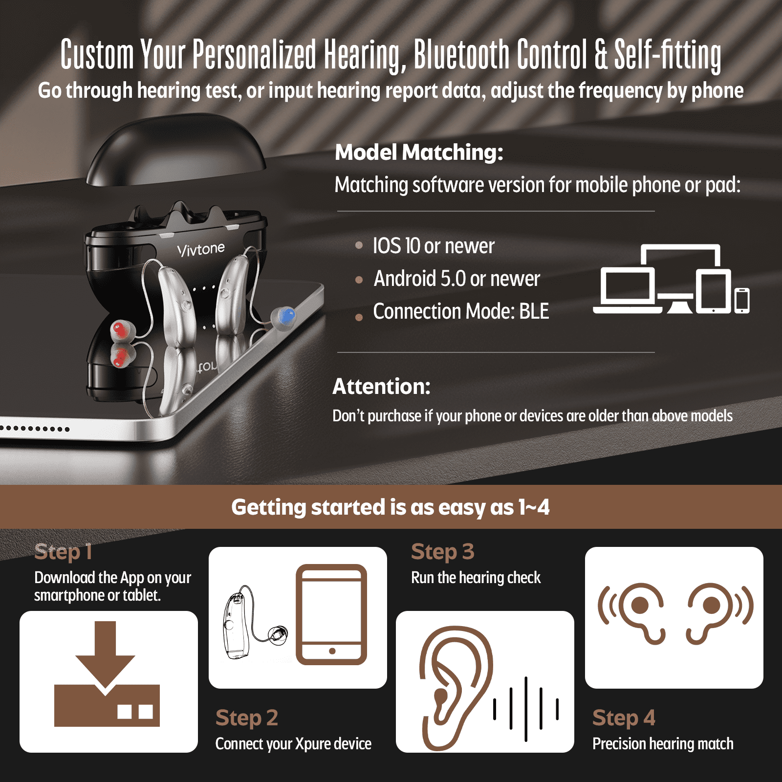 Vivtone Xpure Bluetooth Hearing Aids for Seniors, Rechargeable OTC Digital Hearing Aids with App Control, Pair