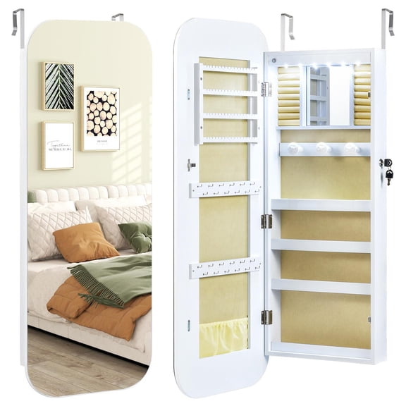 Spaco Door-Mounted Jewelry Cabinet, 6 LED Lights, Safety Lock, Necklace Tangling-Resistant Pockets, Pure White